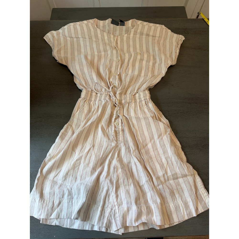 Lizwear Linen Blend Striped Romper Beige Red Short Sleeve Button Front Small
